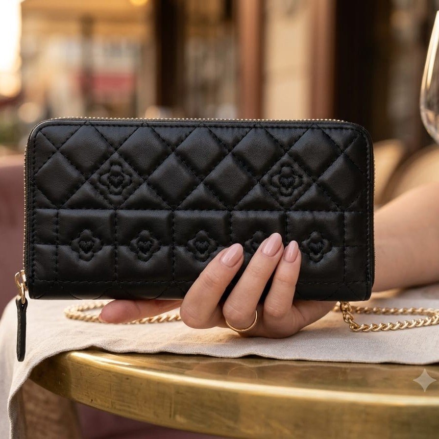 Luxury Black Quilted Zip Around Wallet for Women - PU Leather Long Wallet with Chain Strap